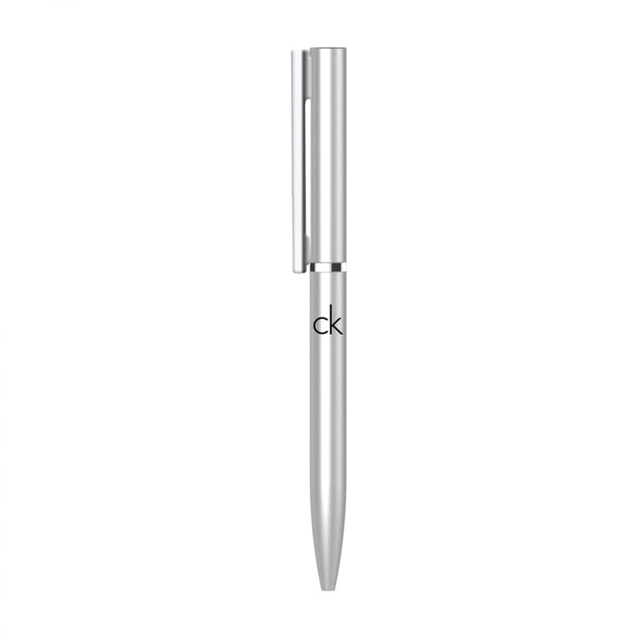A silver metal ball pen featuring a sleek design and a clip, with a branding logo.