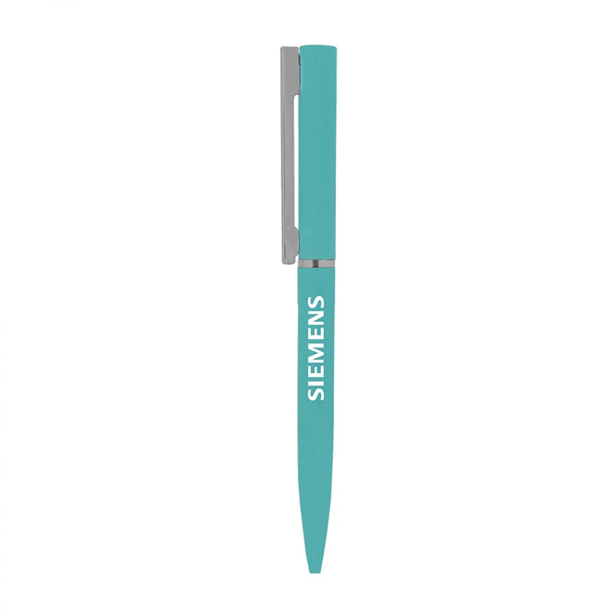 A turquoise metal ball pen with a silver clip and a logo on the barrel.