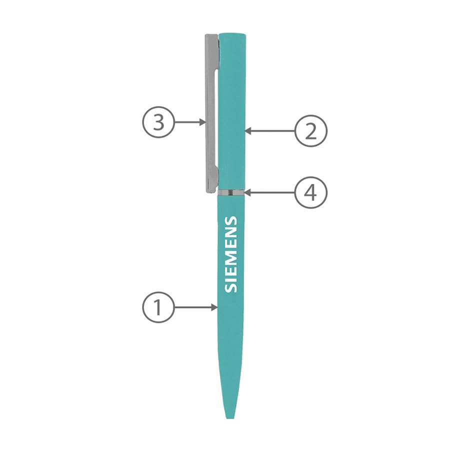 A turquoise metal ball pen featuring a clip and branding, with a sleek design and a glossy finish.