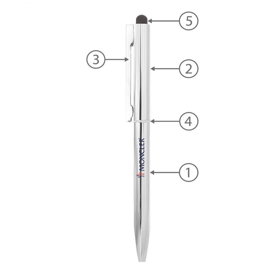 A silver metal ballpoint pen with a stylus tip, featuring a clip and a branding logo.