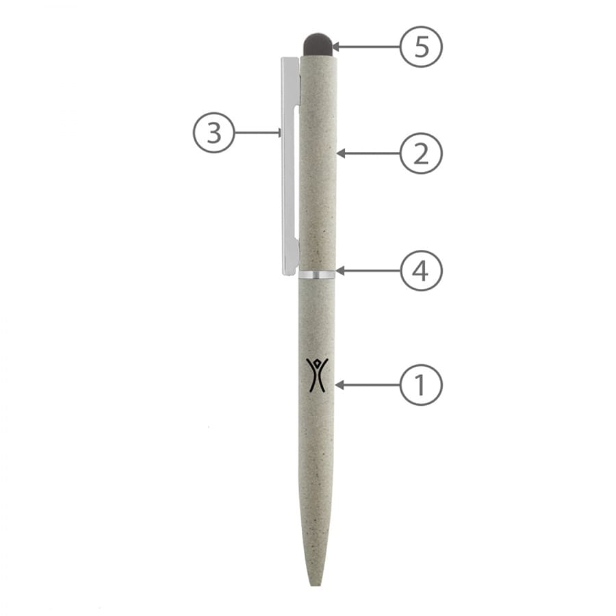 A grey metal ball pen with a stylus tip, featuring a clip and branding on the body.