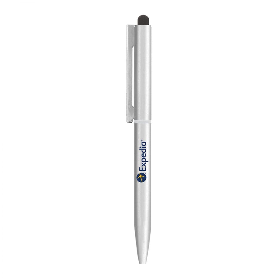A silver metal ball pen with a stylus tip, featuring a clip and a logo.