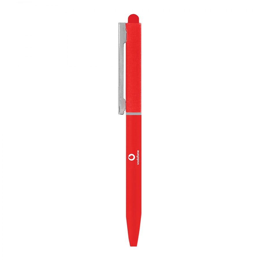 A red metal ball pen with a silver clip and a logo.