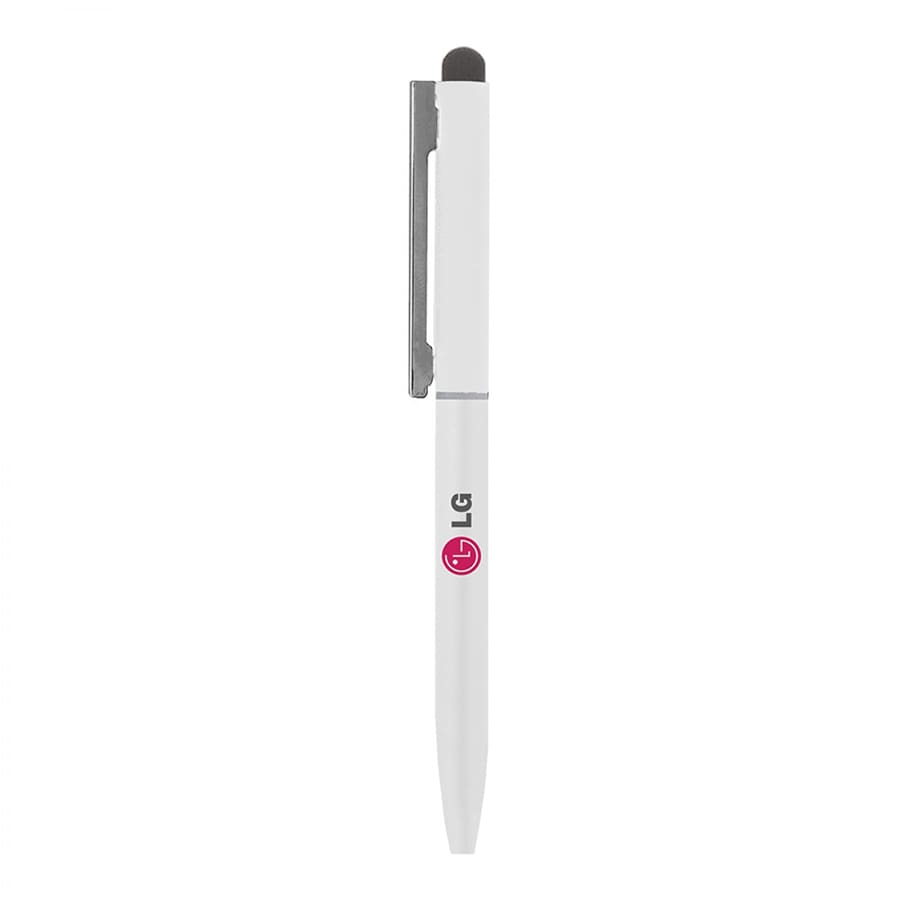 A white metal ballpoint pen with a stylus tip and a silver clip, featuring a logo on the barrel.