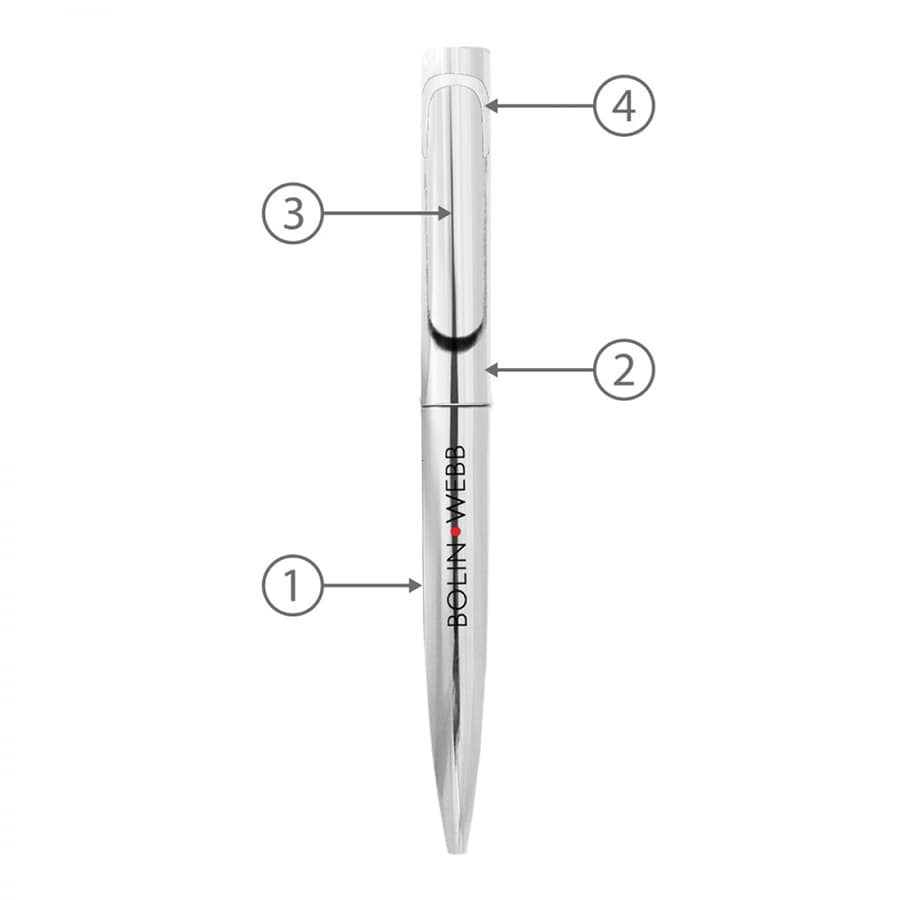 A silver metal ballpoint pen with a sleek design and a logo on the barrel.