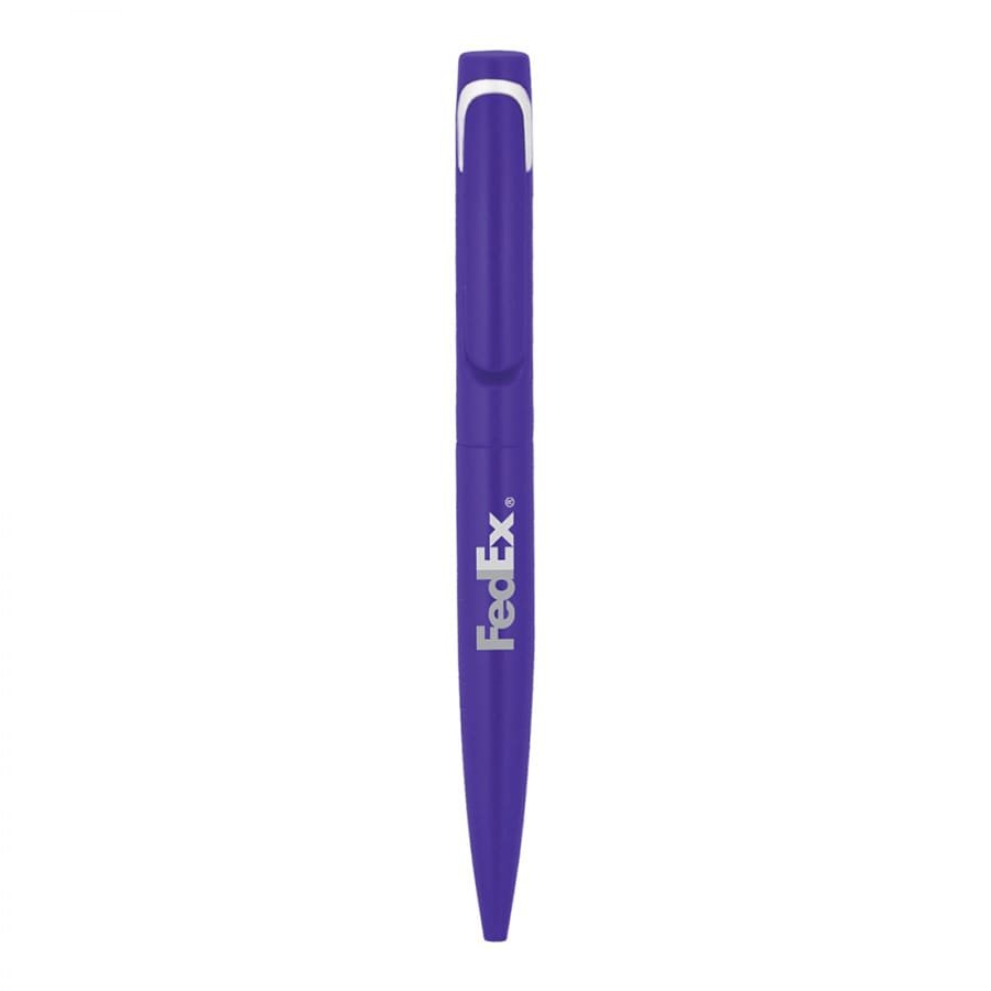 A purple metal ball pen with a logo and a twist mechanism for writing.