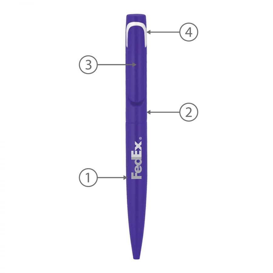 A purple metal ballpoint pen with a clip, featuring a logo and numbered indicators for parts.