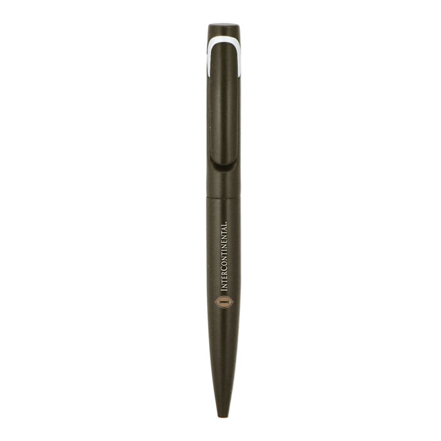 A twist metal ball pen in dark green with a clip and branding.