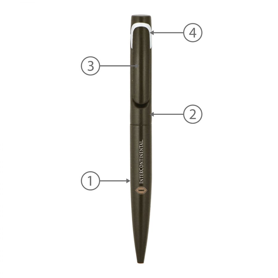A metal ballpoint pen in dark green, featuring a clip and a logo on the barrel.