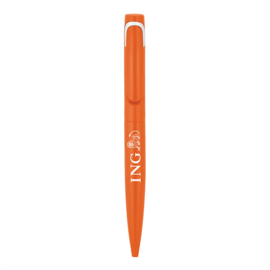 An orange metal ballpoint pen with a clip and branding on the side.