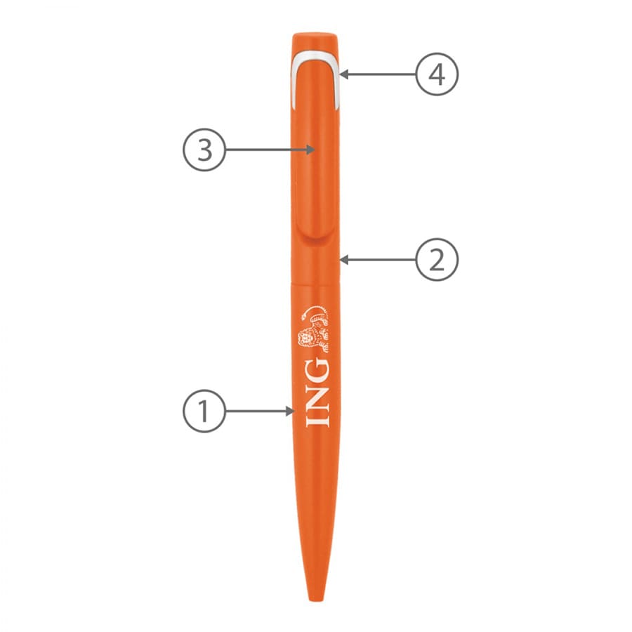 An orange metal ballpoint pen with a clip and branding. Features a sleek design for writing convenience.