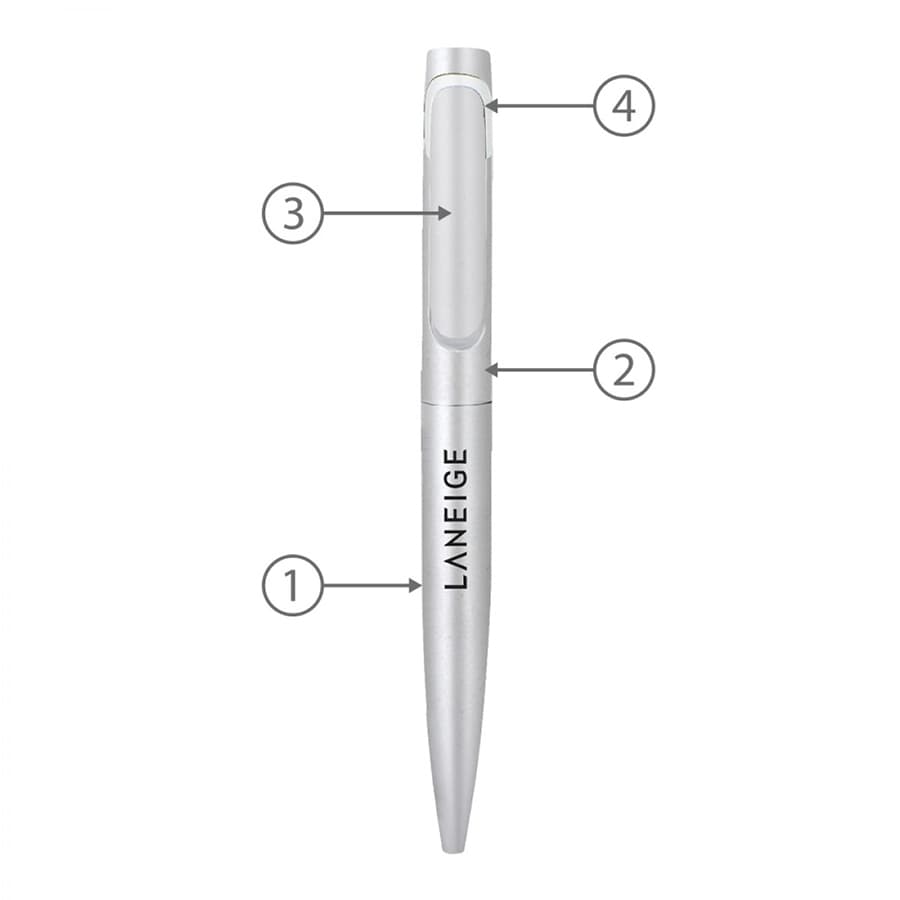 A silver metal ballpoint pen with a clip and branding, featuring a sleek twist mechanism.