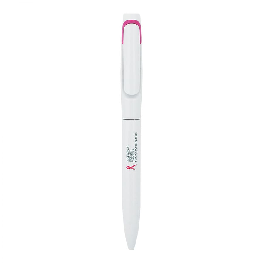 A white metal ball pen with a pink clip and a logo. Suitable for writing and featuring a sleek design.