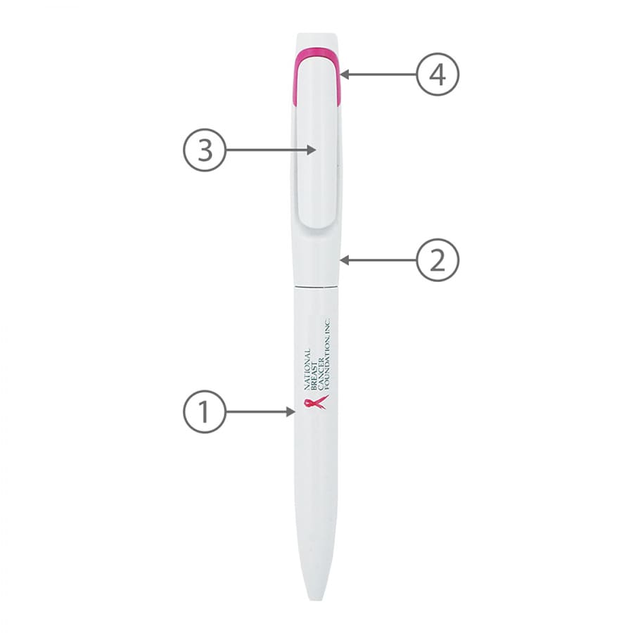 A white metal ball pen with a twist mechanism and a pink accent. Features a clip and a logo.