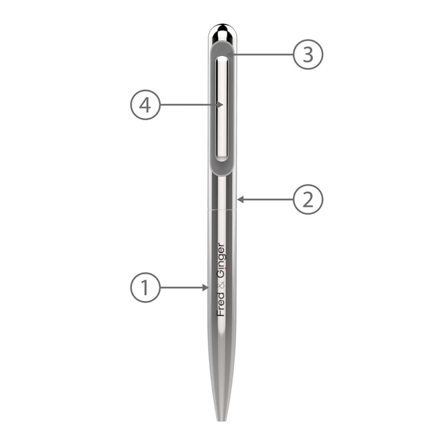 A silver metal ballpoint pen featuring a sleek design and a clip, with a logo displayed on the barrel.