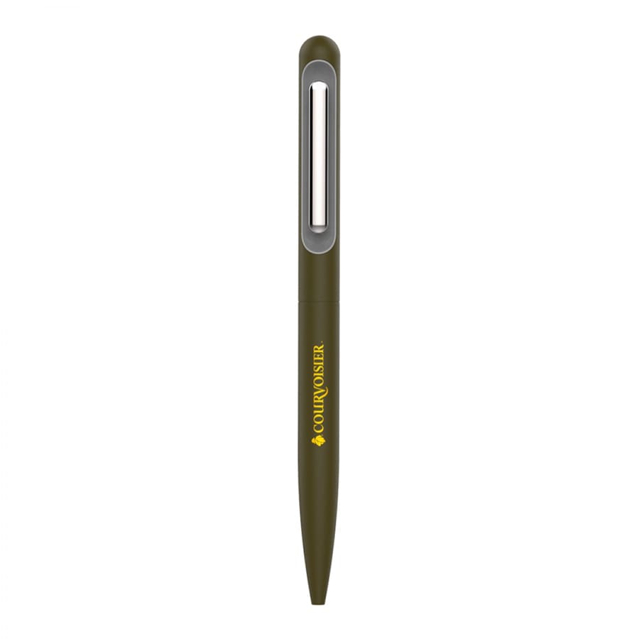 A twist metal ball pen in olive green with a silver clip and a branding logo.