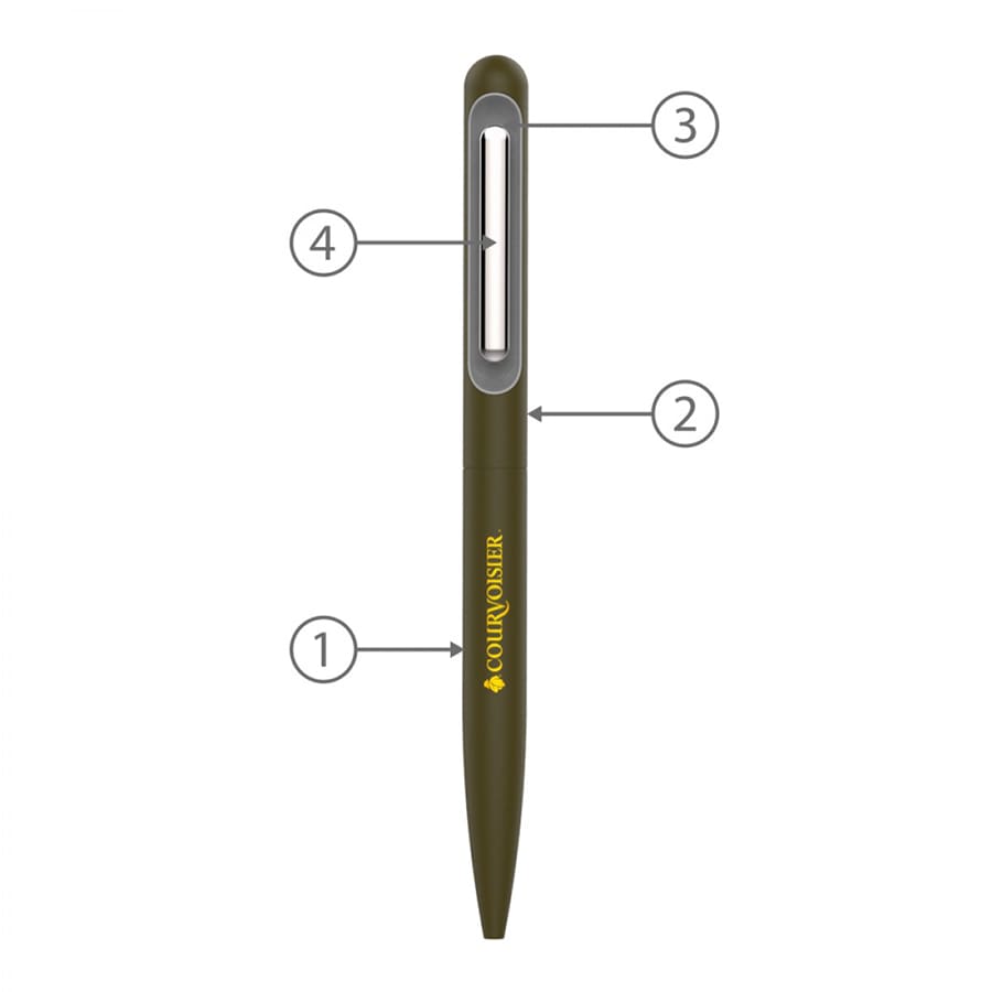 A twist metal ball pen in olive green with a sleek design and a branding logo.
