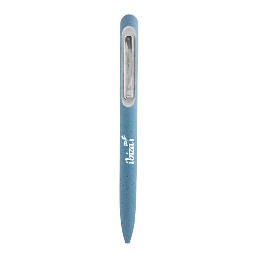 A blue metal ball pen with a sleek design and a logo, featuring a twist mechanism for writing.