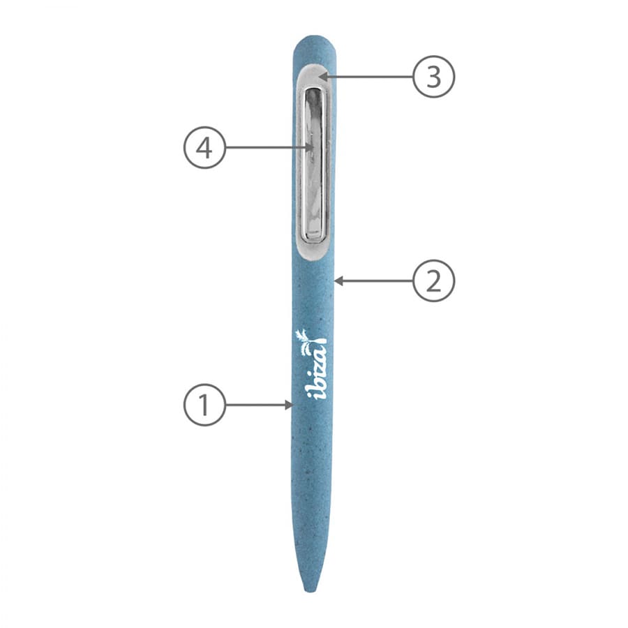 A blue metal ballpoint pen with a clip and a logo, designed for writing. Features a sleek and modern design.