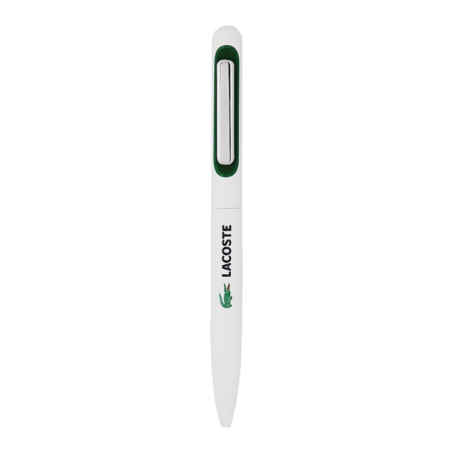 A white metal ballpoint pen with a green clip and branding.
