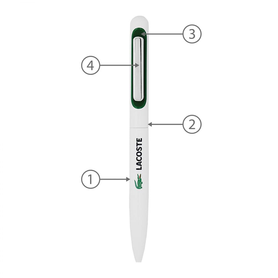 A metal ball pen in white with a green clip, featuring a logo and numbered points for design details.