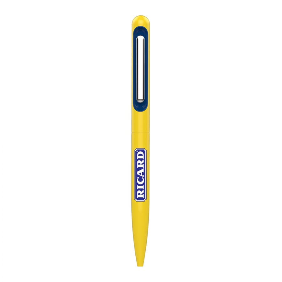 A yellow metal ballpoint pen with a navy blue accent and a logo.