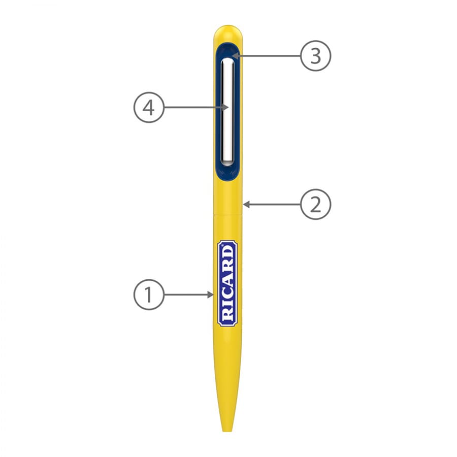 A metal ballpoint pen in yellow with a blue clip and a logo. Features a sleek design for writing.