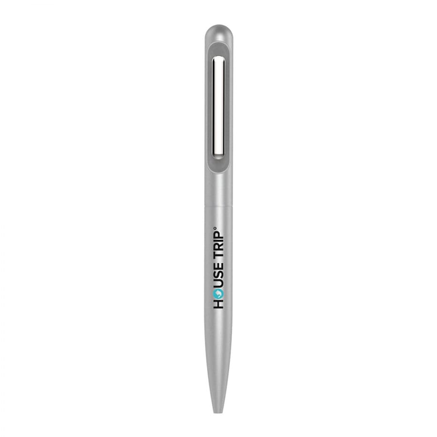 A silver metal ball pen with a sleek design and a clip, featuring a logo.