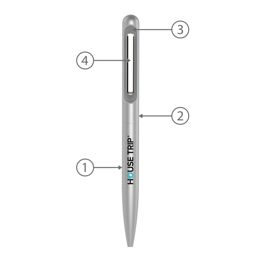 A silver metal ballpoint pen featuring a clip and branding, designed for writing.