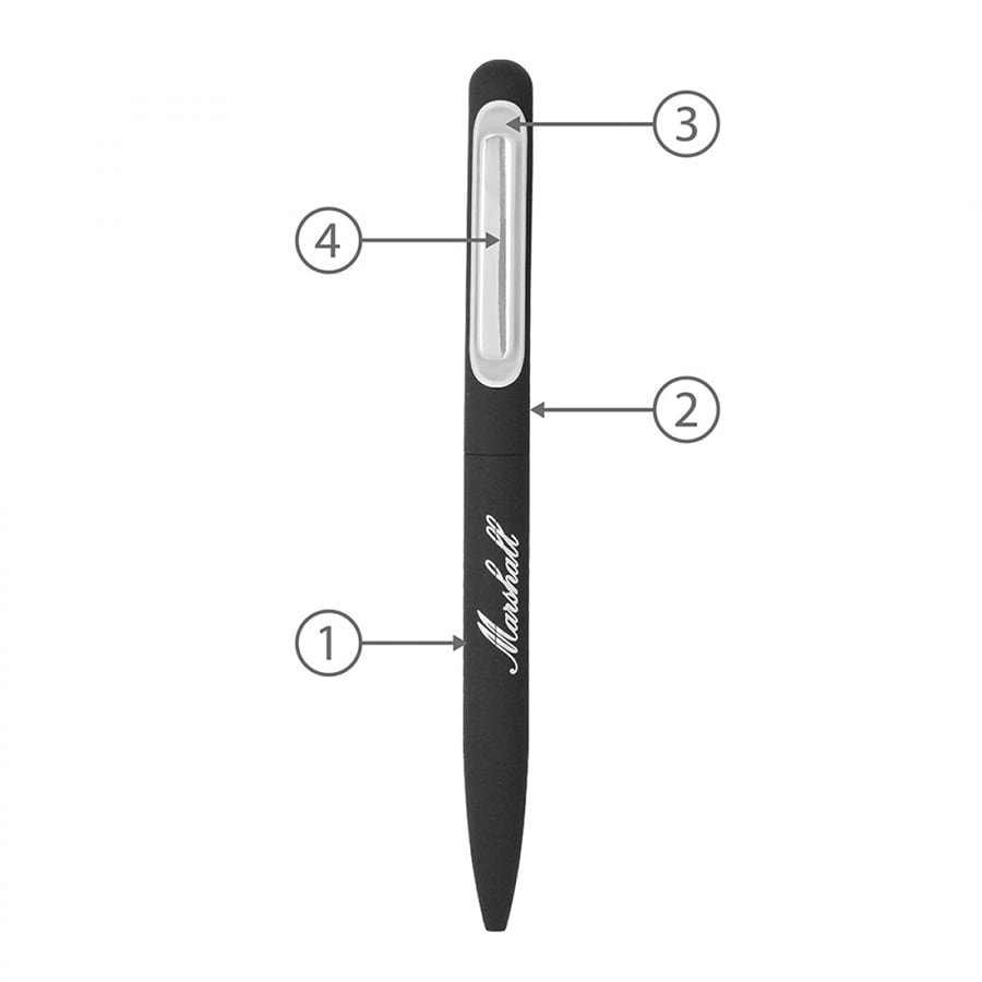 A black metal ballpoint pen with silver accents and a logo, featuring a sleek design and clip.