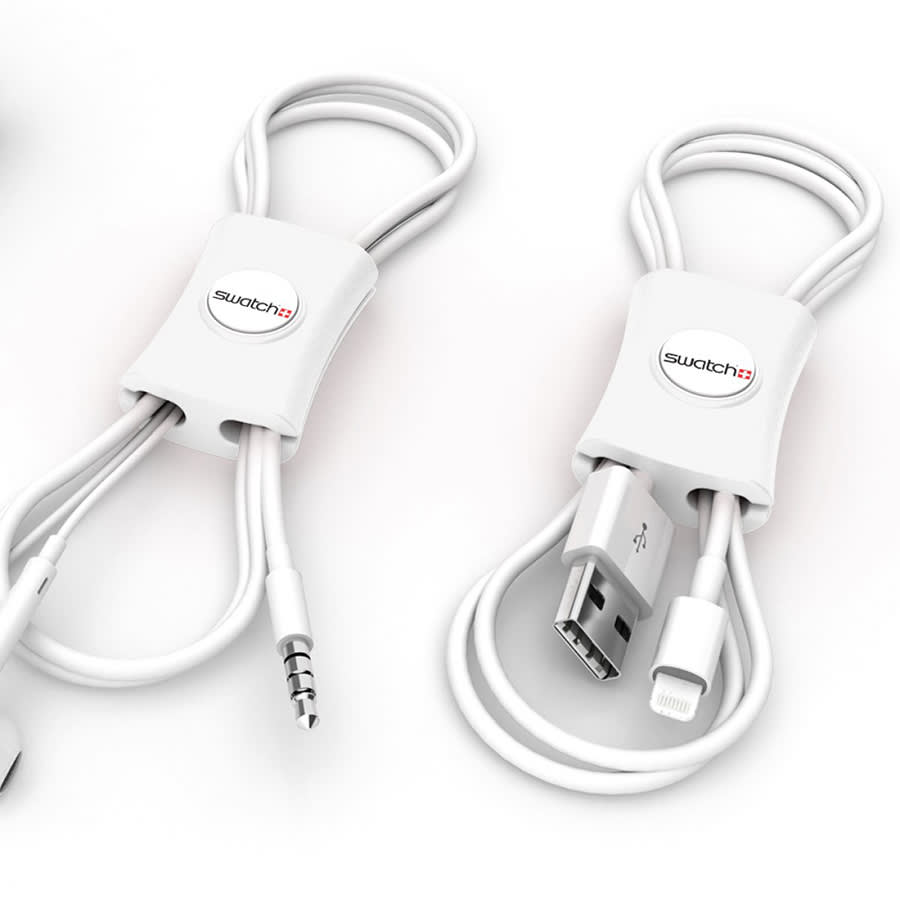A white cable manager designed to tidy and organise multiple cables, featuring a branding logo.