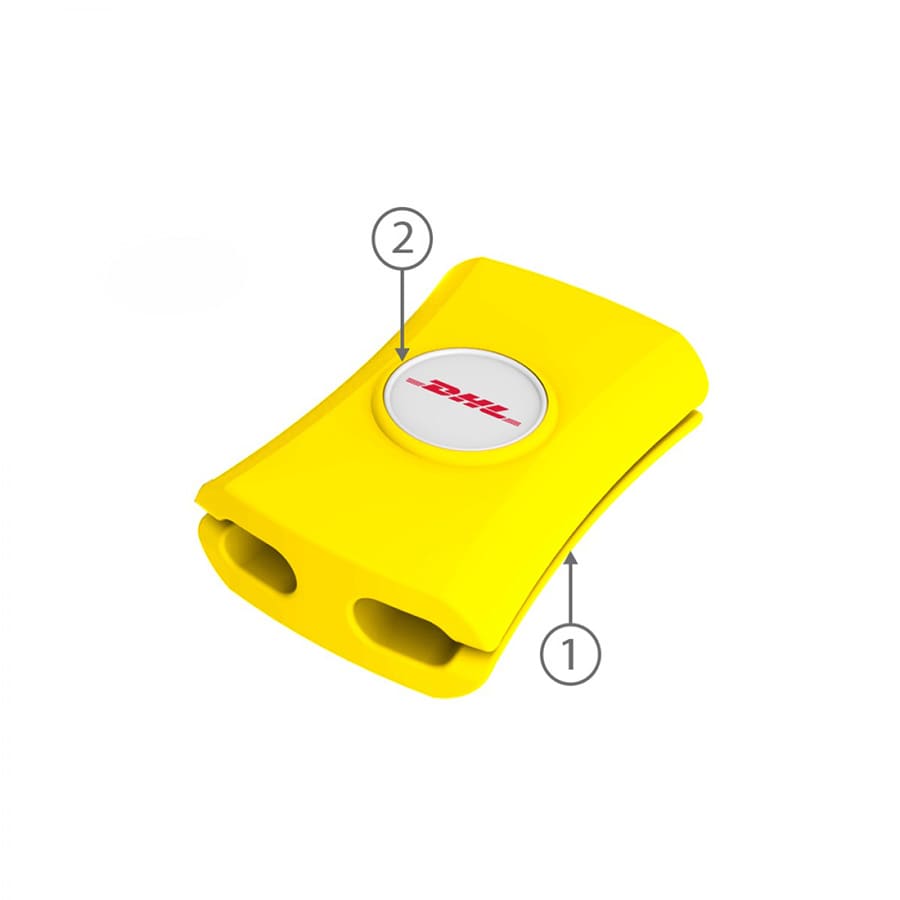 A yellow cable manager with two slots for organising cables, featuring a branded logo on the top.