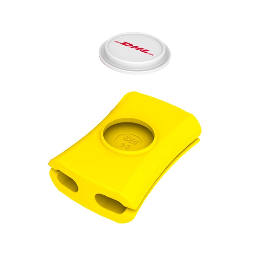 A yellow cable manager with two openings, featuring a circular white lid. Includes a logo on the lid.