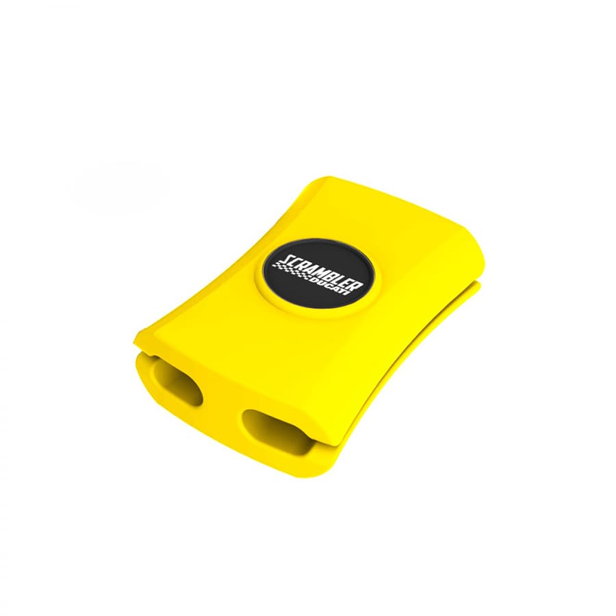 A yellow cable manager with two slots and a branded logo on top. Designed to tidy phone and technology cables.