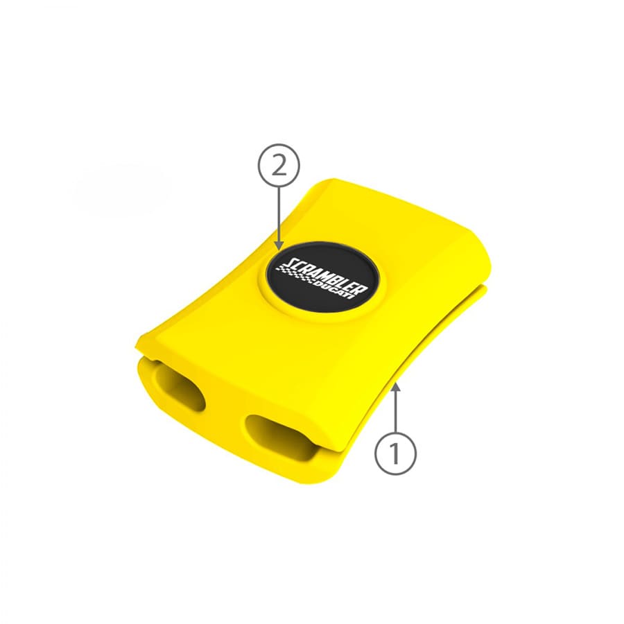 A yellow cable manager with two slots, featuring a black circular logo on the top.