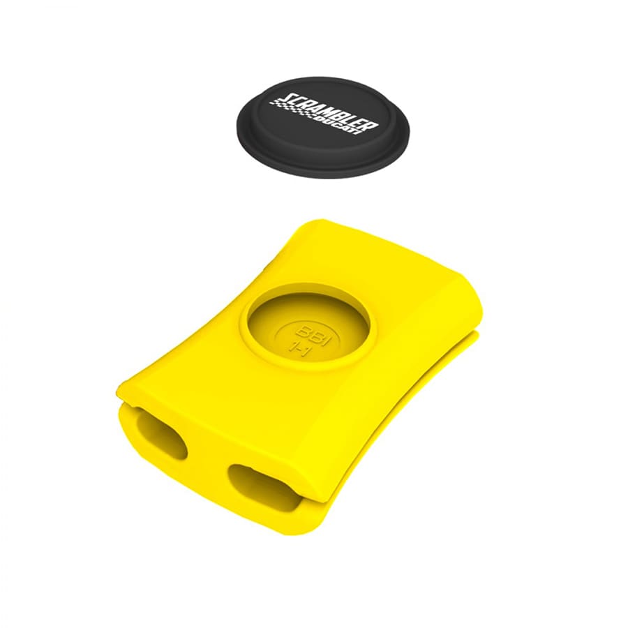 A yellow cable manager with two slots, accompanied by a black cap. It features a simple, sleek design.