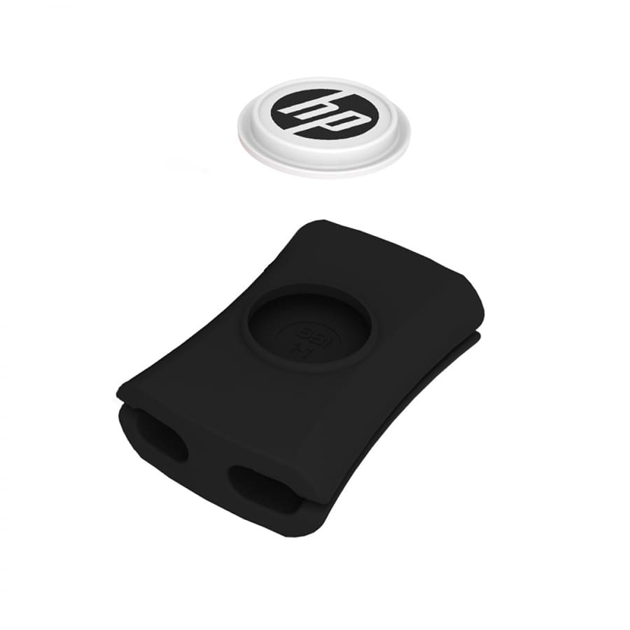 A black cable manager with a circular white and black logo on top, designed to tidy phone cables.