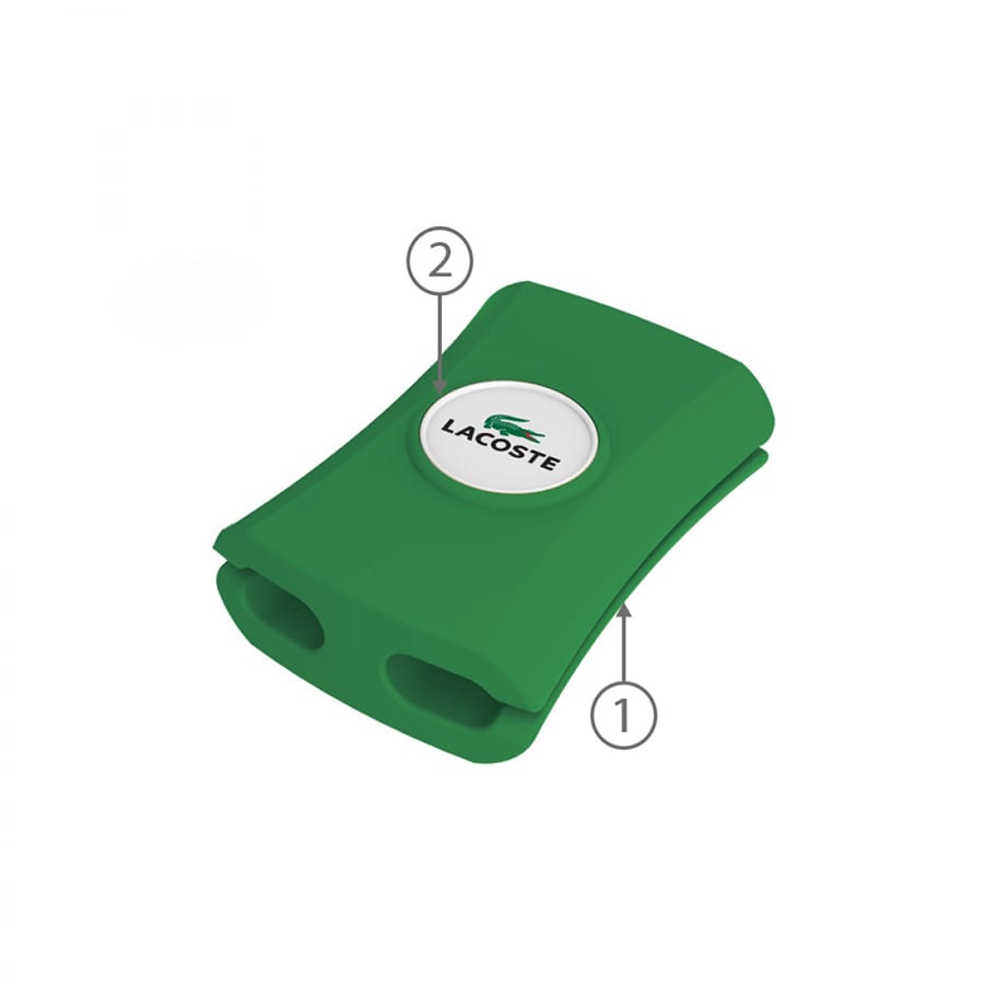 A green cable manager with two slots and a circular logo. Ideal for organising cables neatly.