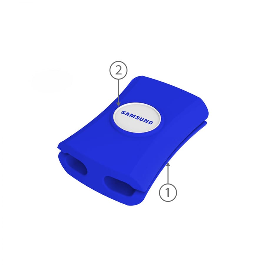 A blue cable manager with two slots for organising cables, featuring a logo on the front.