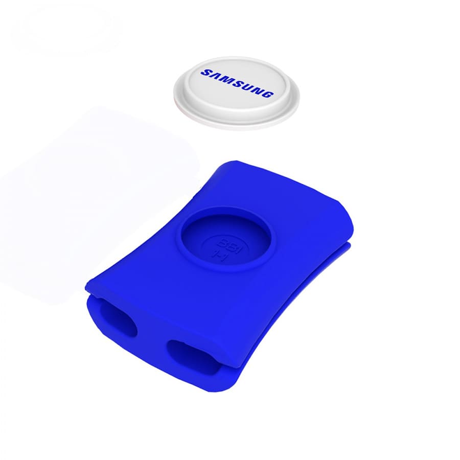 A blue cable manager with two openings, designed for organising cables, accompanied by a white circular item.