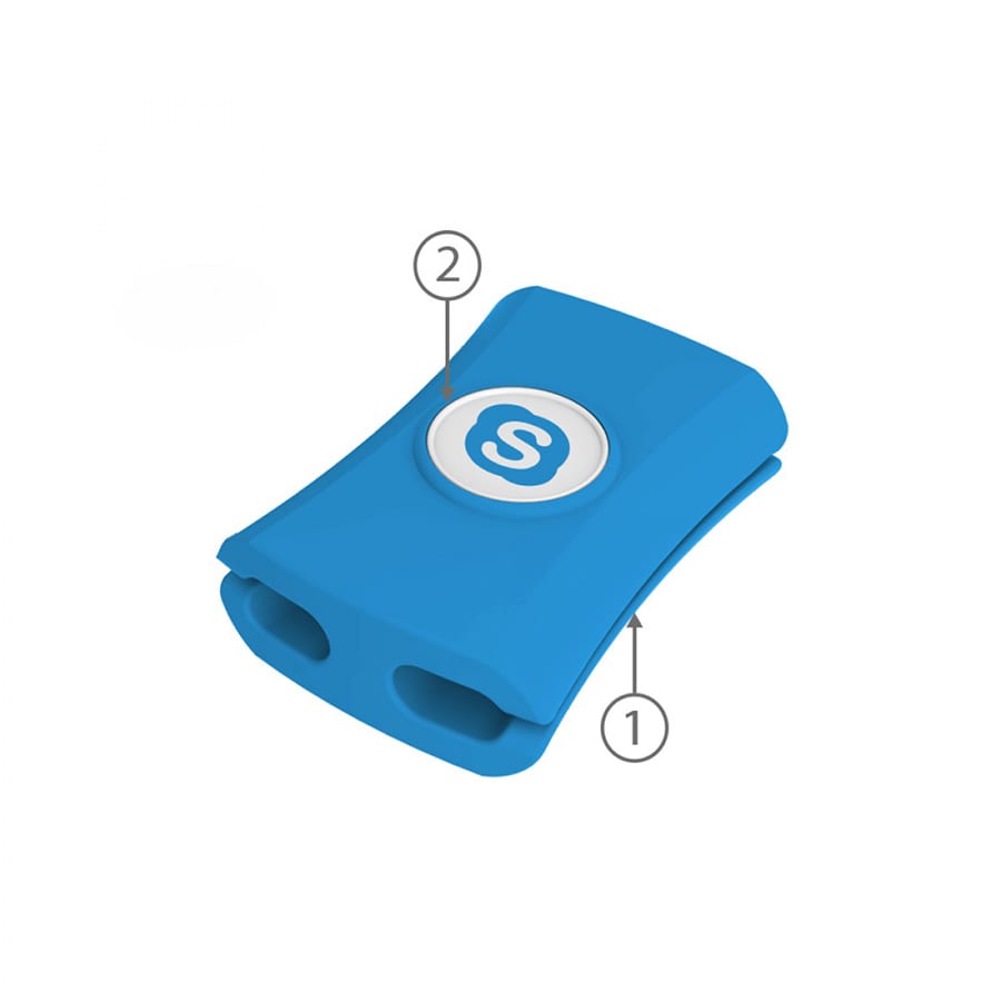 A blue cable manager with two slots and a circular logo in the centre, designed for organising cables.