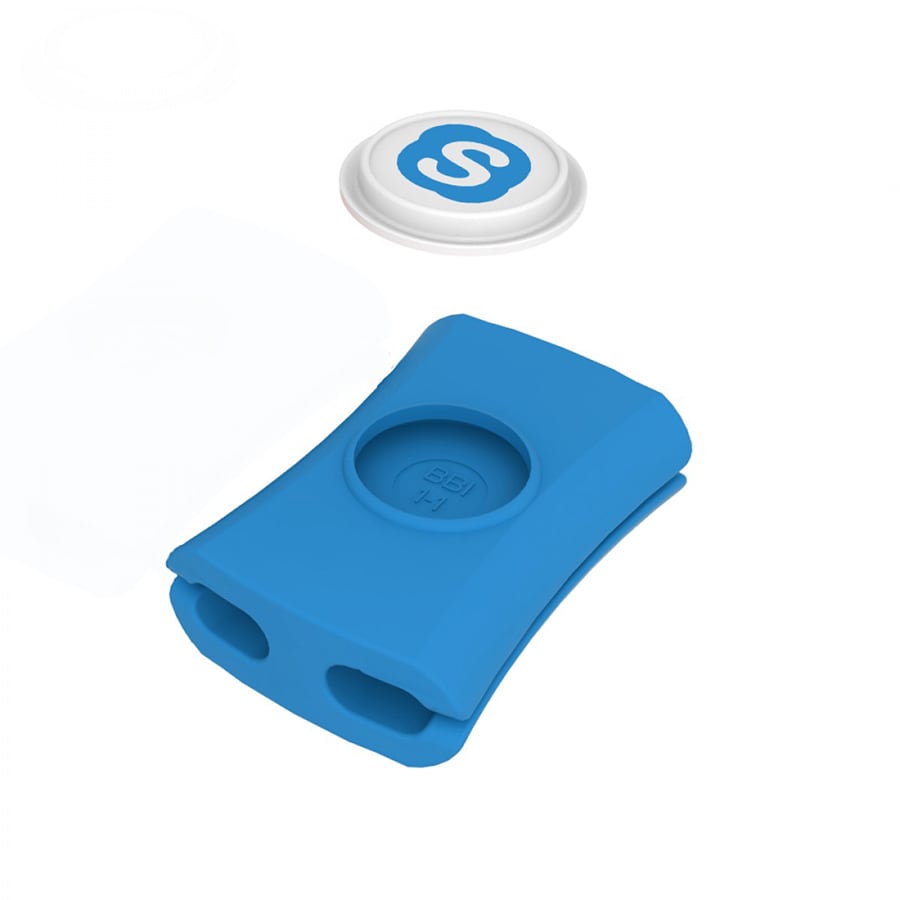 A blue cable manager designed to keep cords tidy, featuring a circular top with a logo.