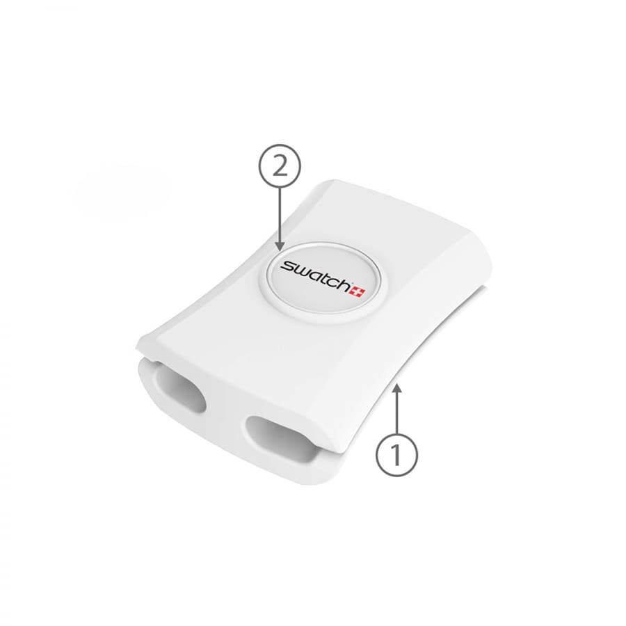A white cable manager with two slots and a circular logo, designed to organise cables neatly.