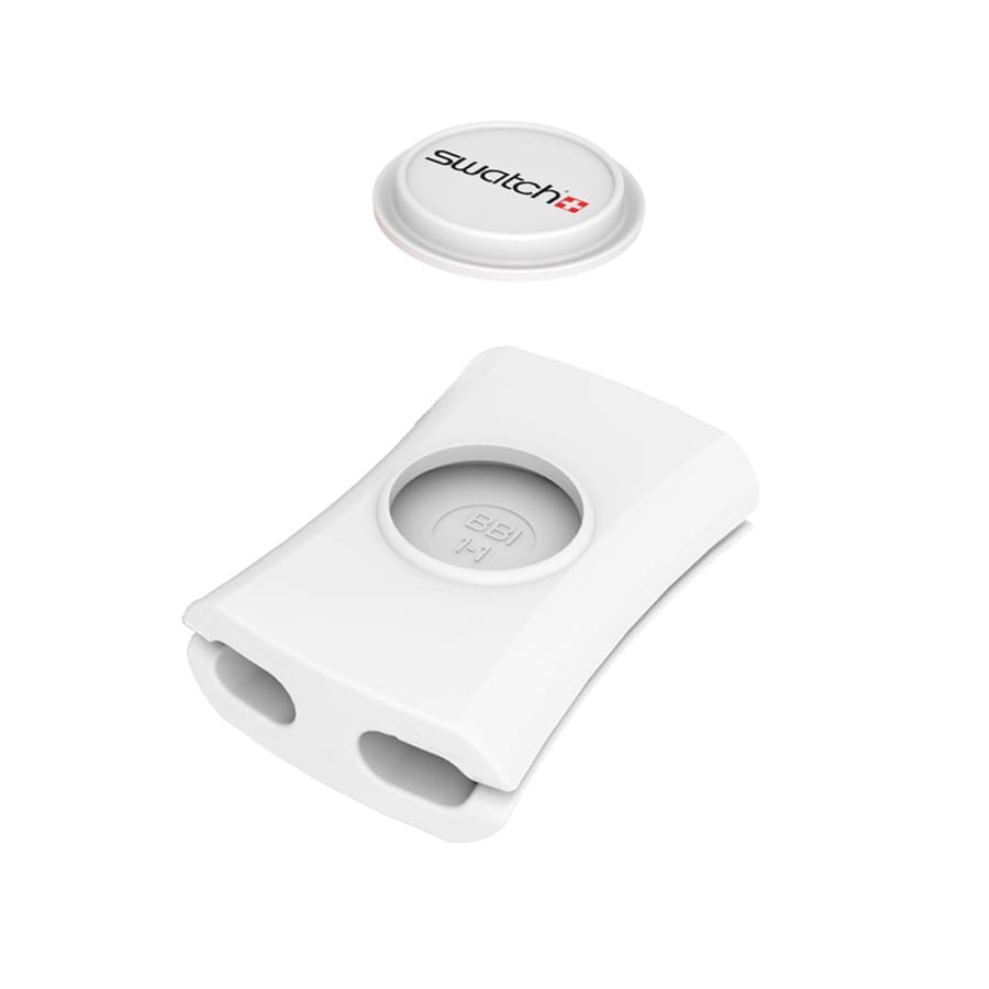 A white cable manager with two openings and a removable top. Features a branding logo on the lid.