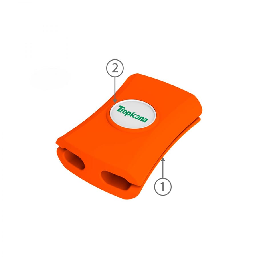 An orange cable manager with two openings and a logo on the front.