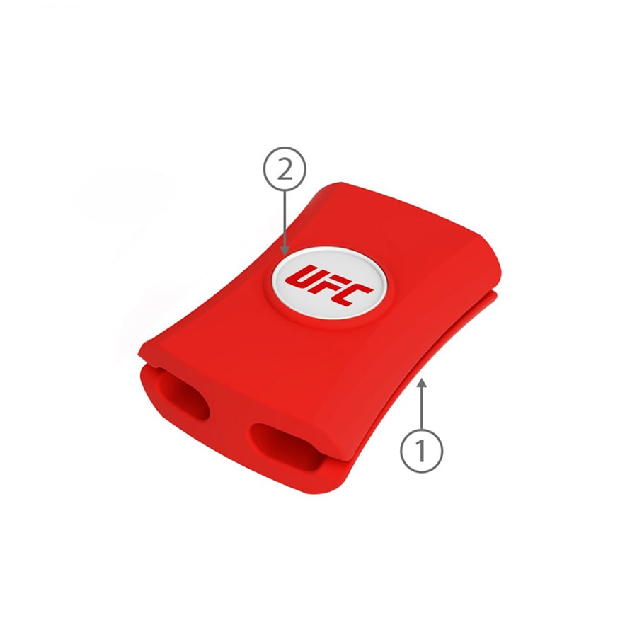 A red cable manager with two slots for holding cables, featuring a central logo. Ideal for organising cords.