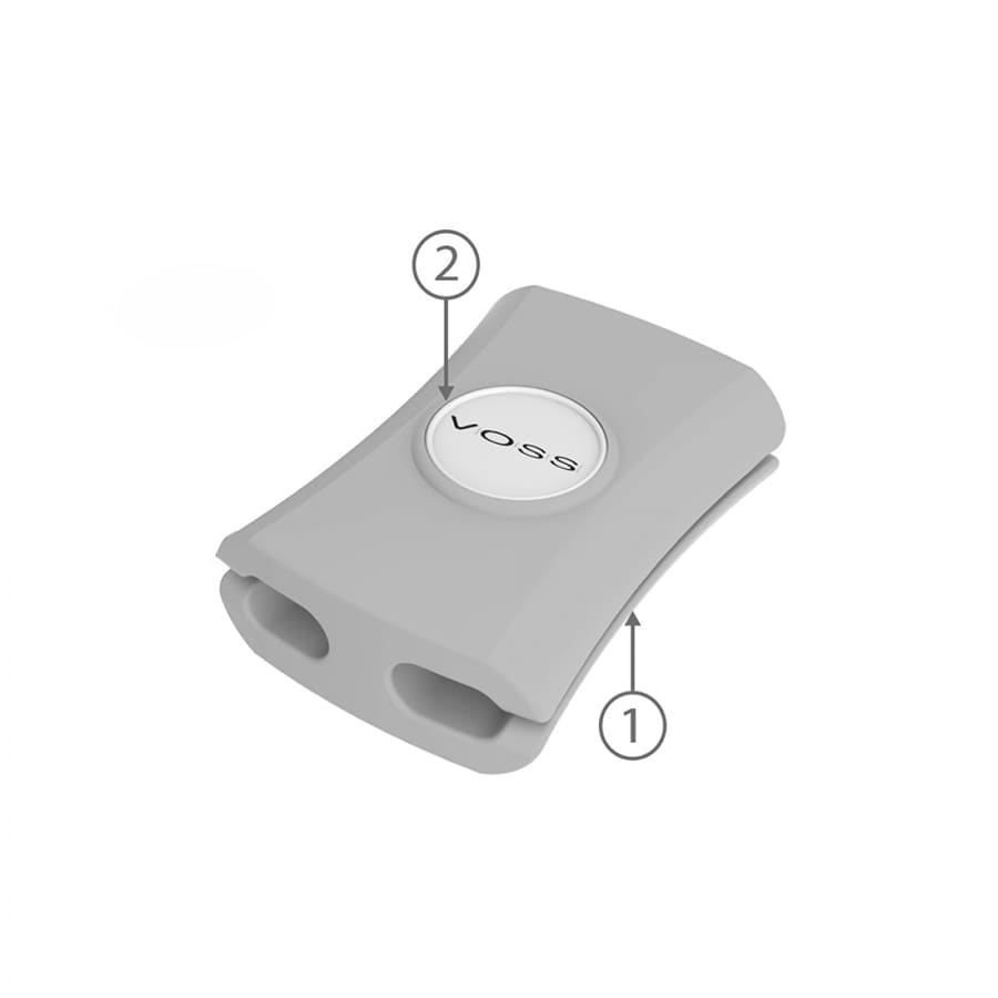 A grey cable manager with a logo, featuring two slots for organizing cables.