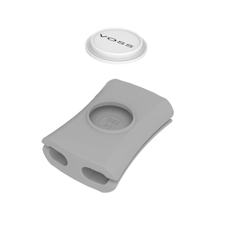 A grey cable manager with two slots, accompanied by a circular white lid featuring a logo.