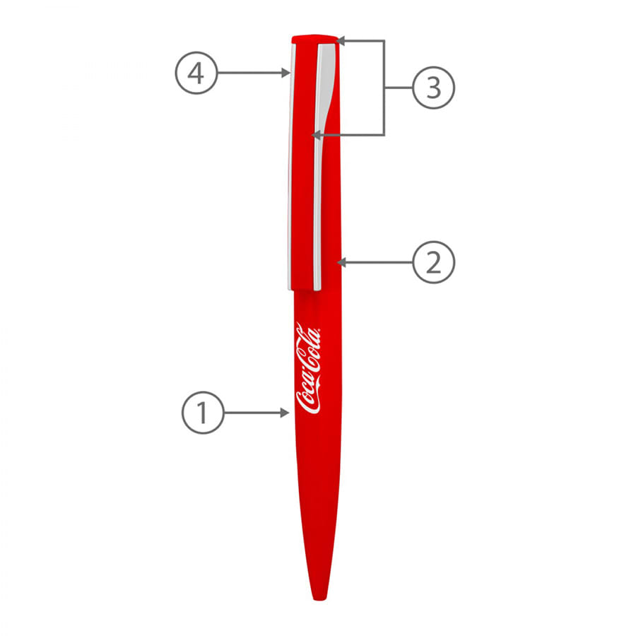 A red metal ballpoint pen with a sleek design and a clip, featuring a logo.