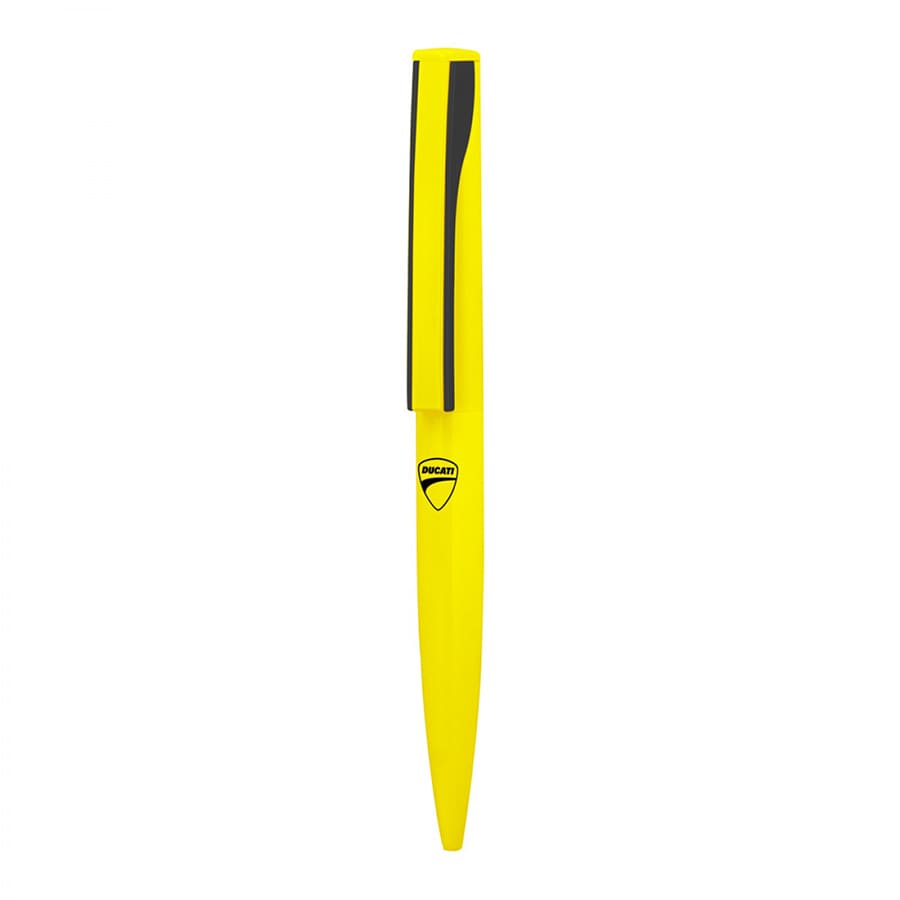 A bright yellow metal ball pen with a sleek design and a branding logo. Features a twist mechanism.